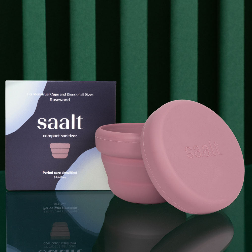 Saalt rosewood compact sanitizer package and product side by side