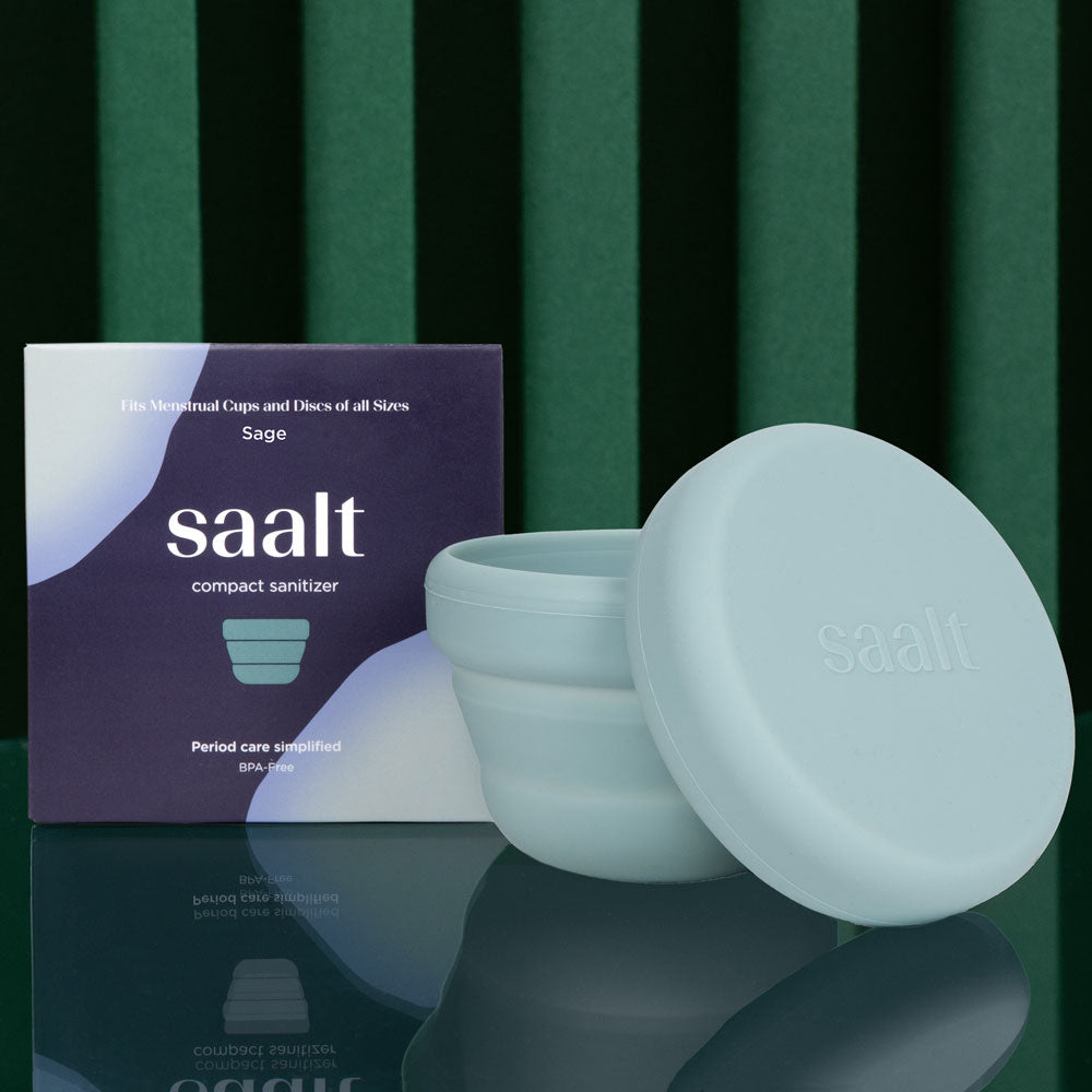 Saalt sage green compact sanitizer package and product side by side