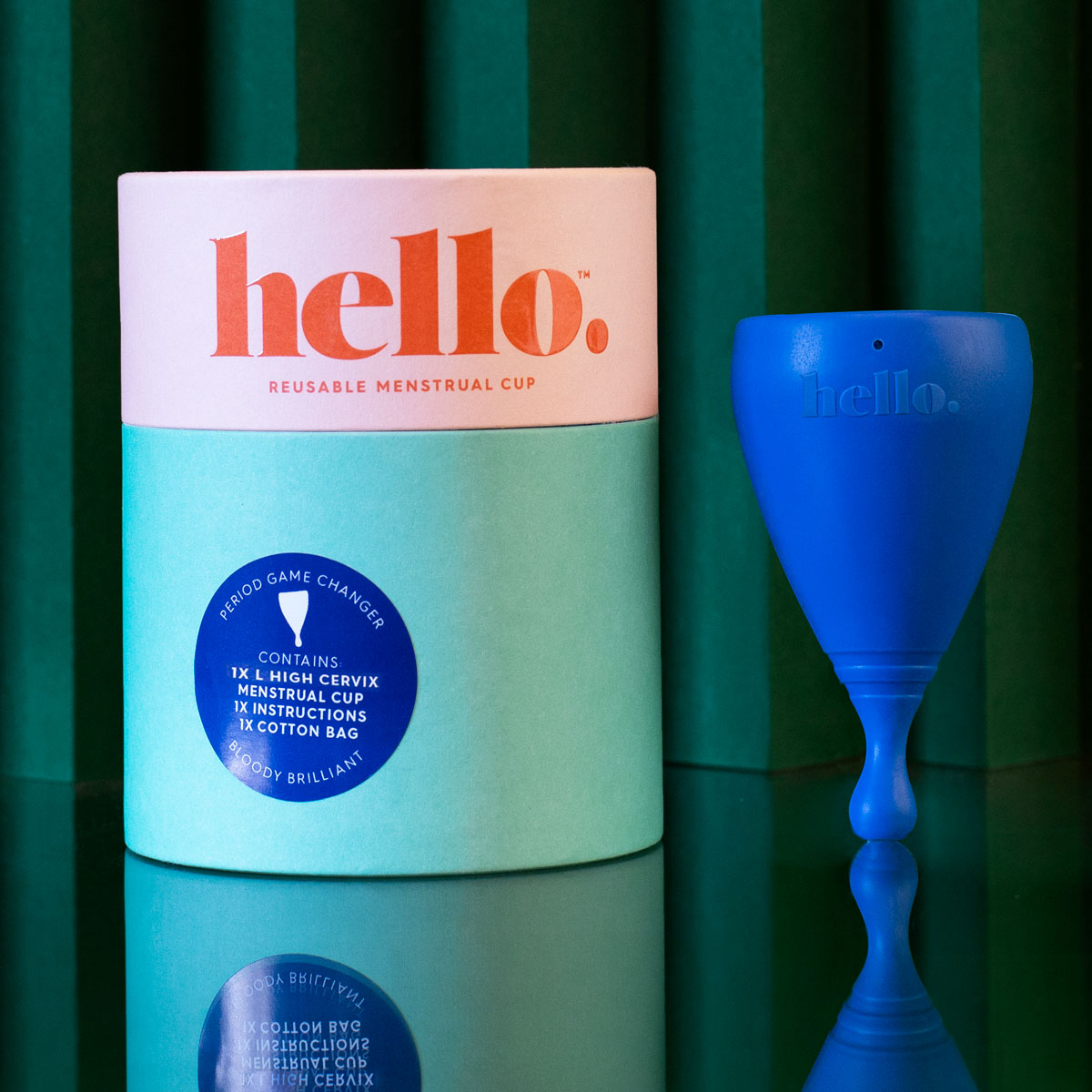 L Hello Cup High Cervix with papertube box on green background
