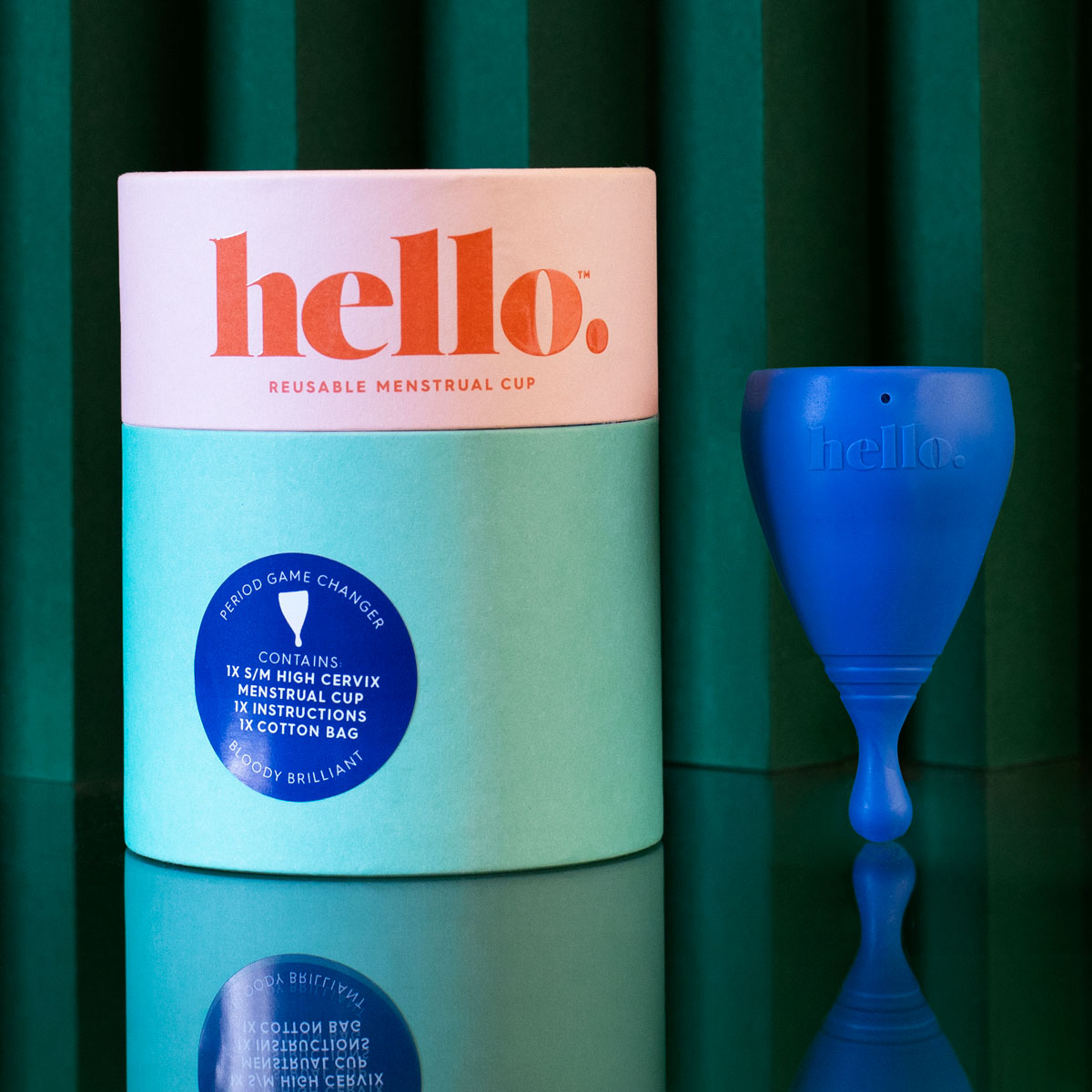 S/M Hello Cup High Cervix with papertube box on green background