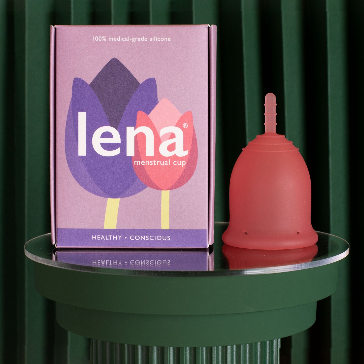 Lena menstrual cup with packaging in pink size large