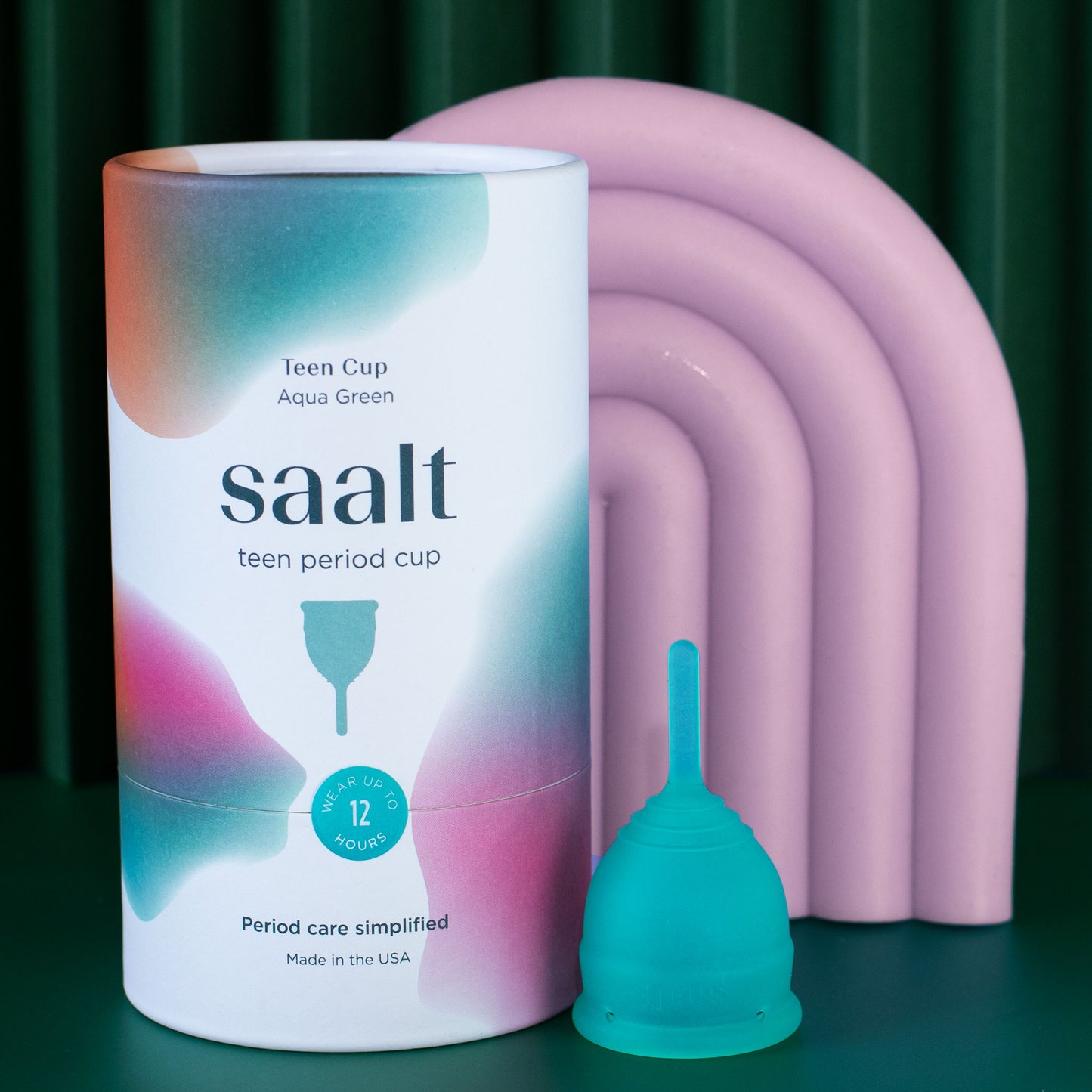 Saalt teen period cup in aqua green with packaging