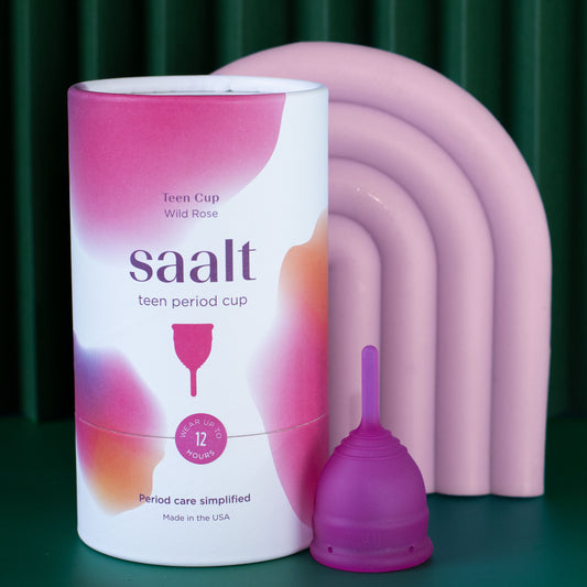 Saalt teen period cup in wild rose with packaging