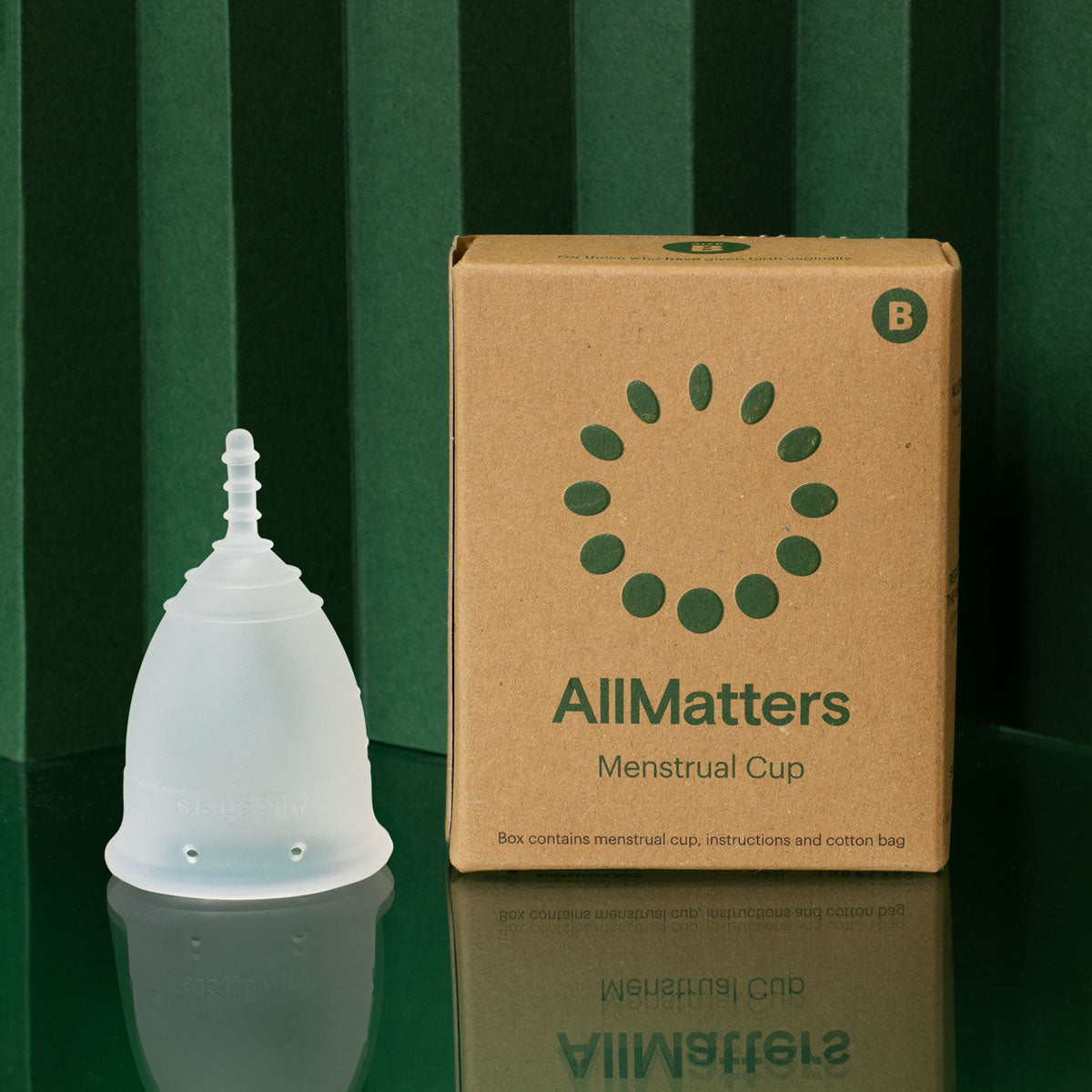 AllMatters size B menstrual cup with packaging