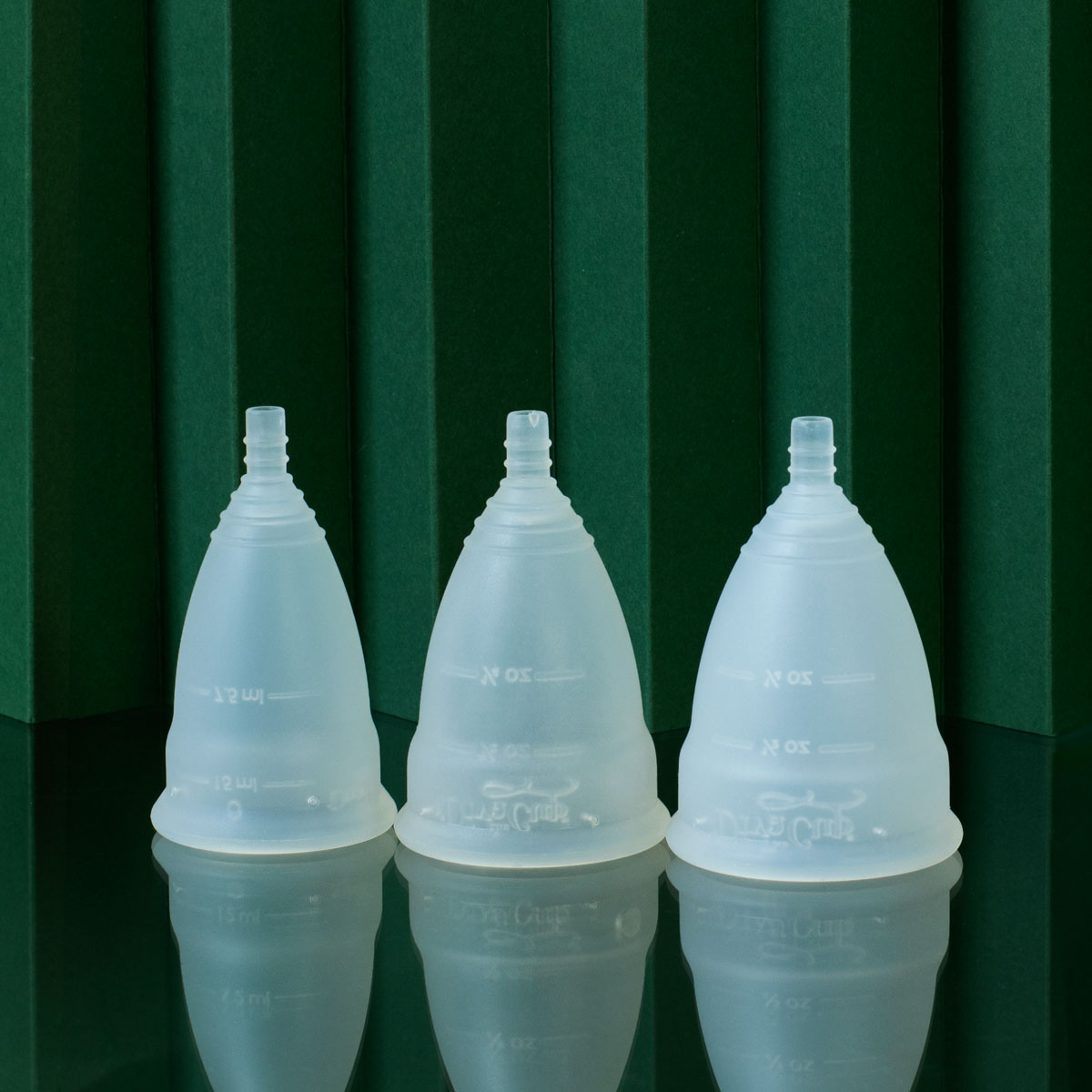 side by side comparison of Divacup Model 0, Model, 1 Model 2 size menstrual cups