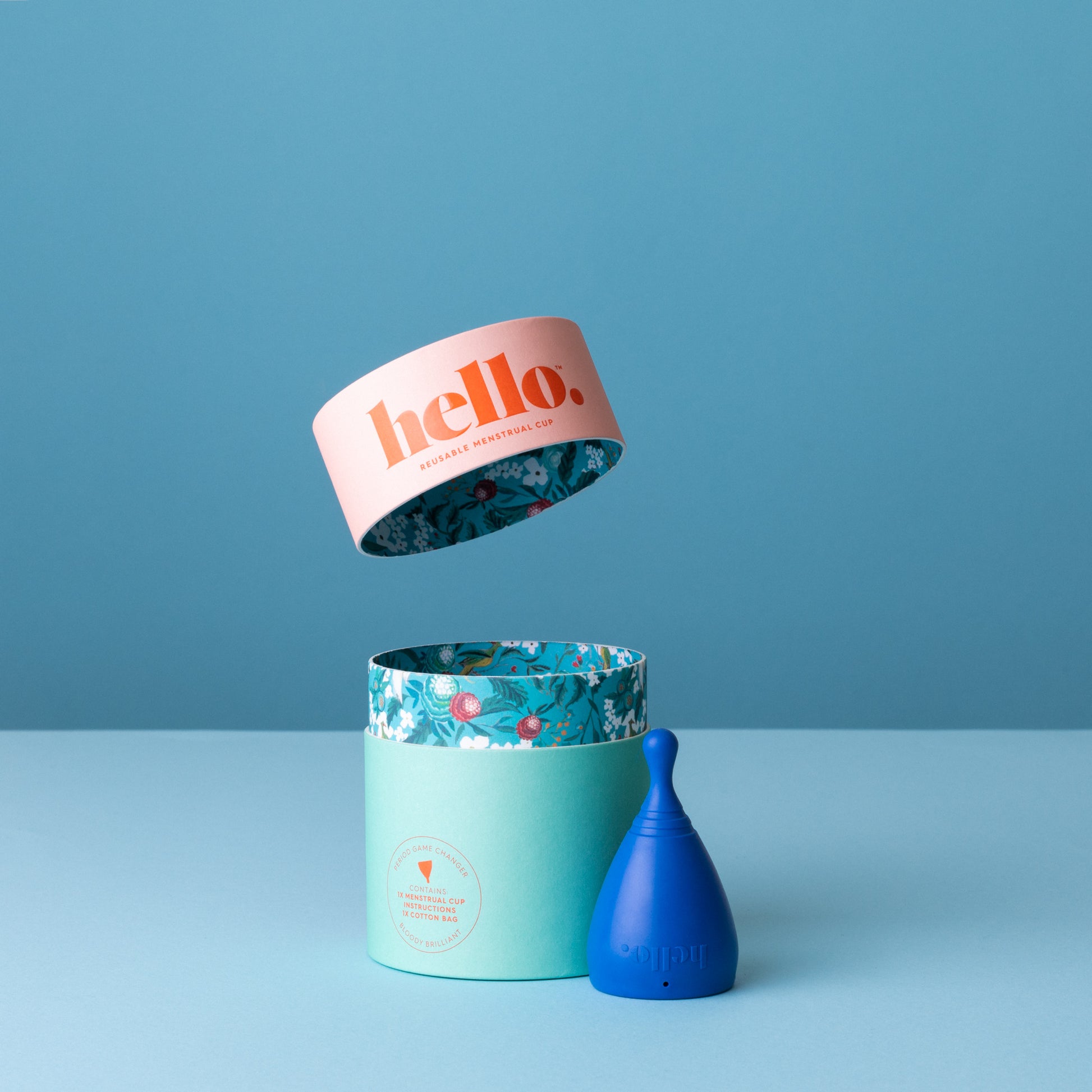S/M Hello Cup High Cervix with papertube box on blue background