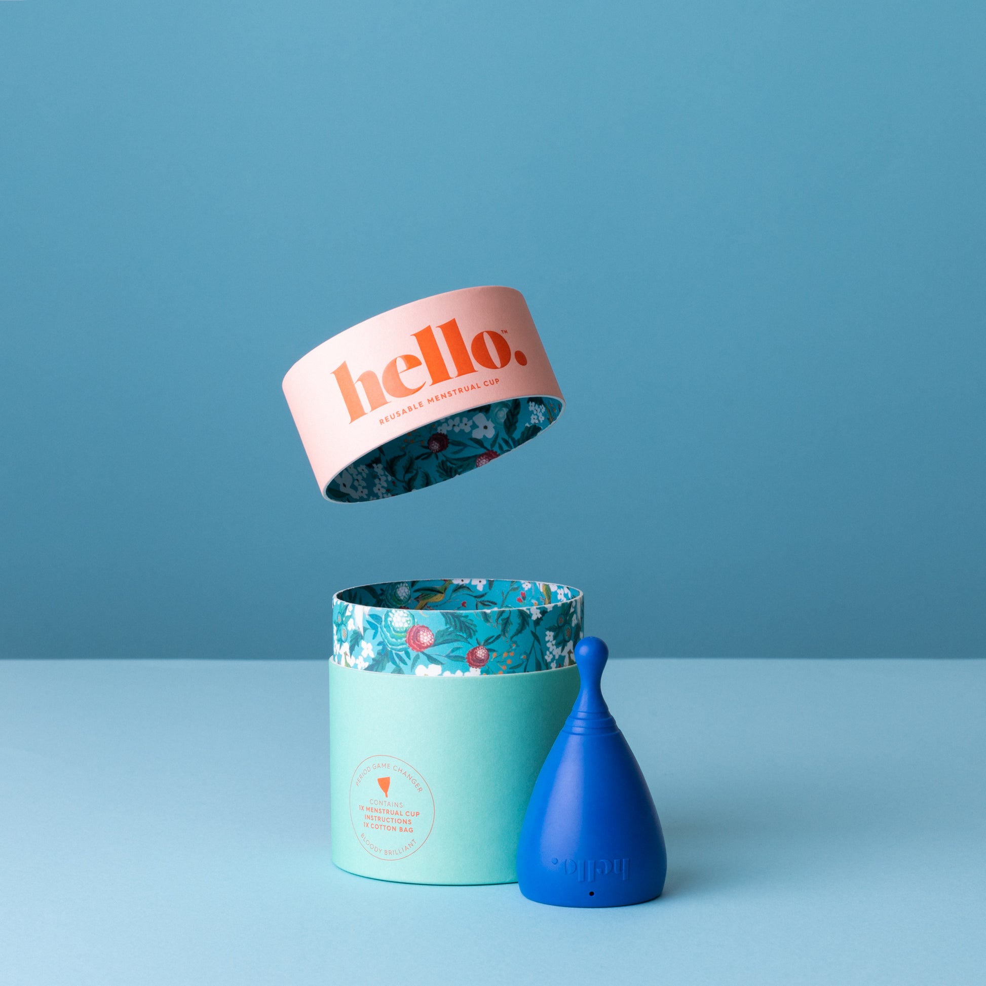 L Hello Cup High Cervix with papertube box on blue background