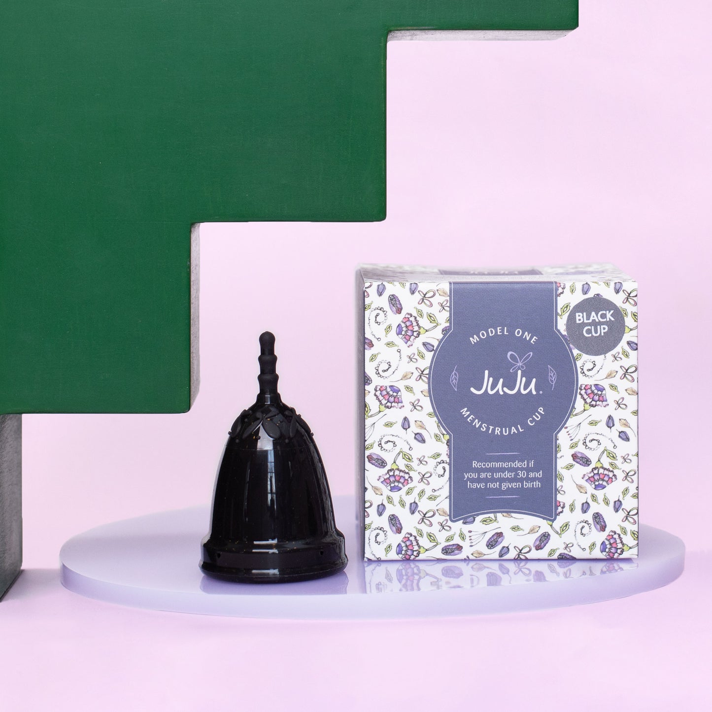 Juju menstrual cup model 1 in black with packaging