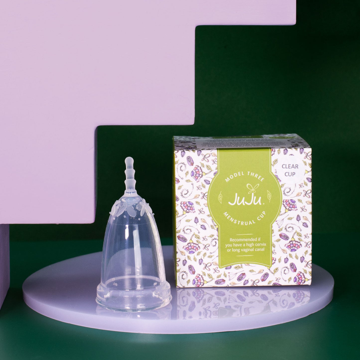 JuJu Australia menstrual cup in clear Model Three