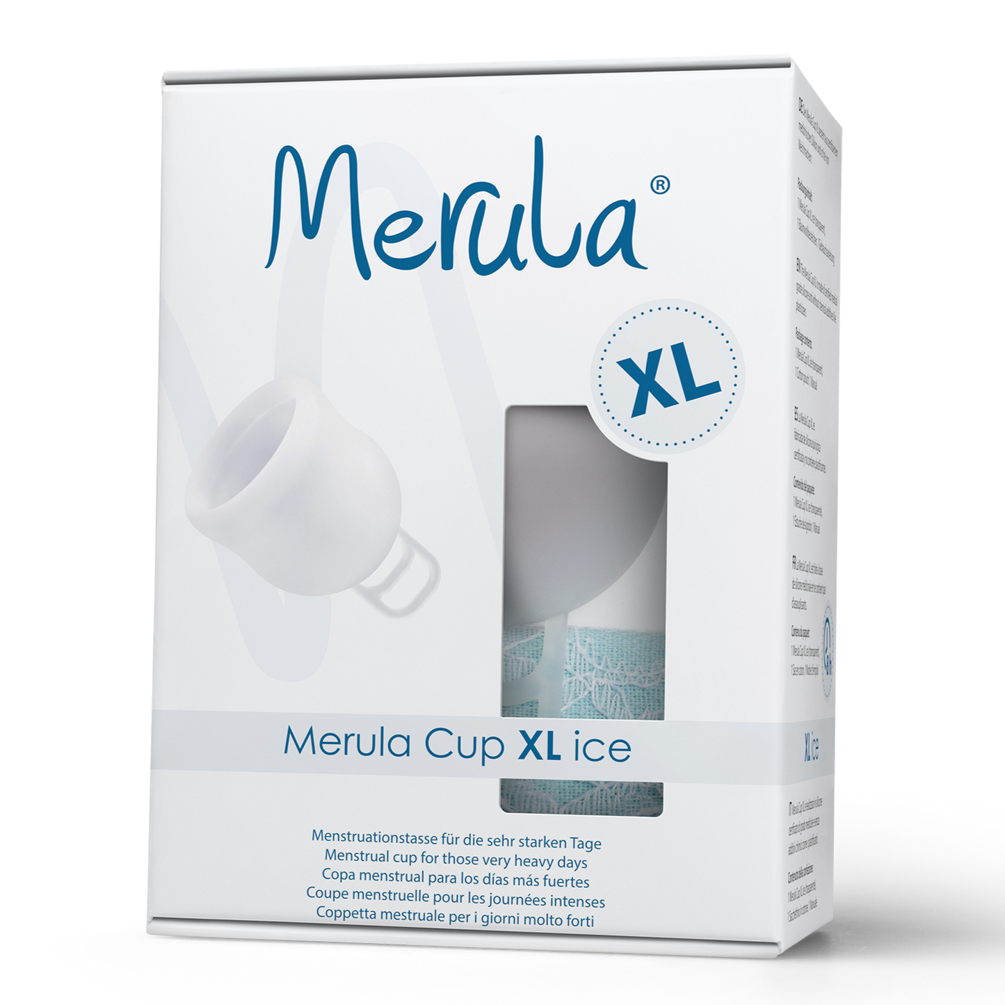 Merula XL in ice clear menstrual cup for heavy periods